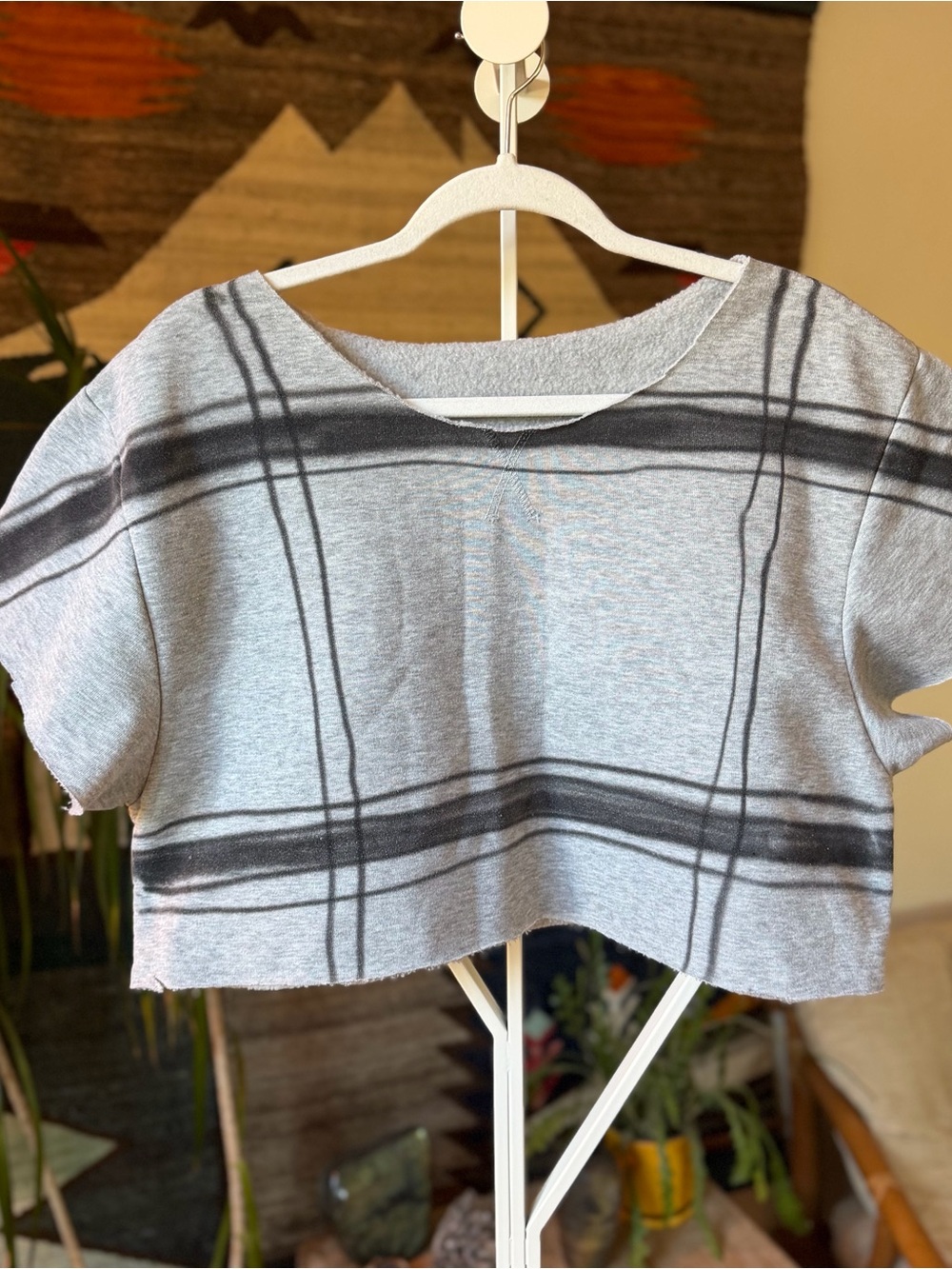 Alexa stark - Grey sweatshirt Crop Top with spray painted Black Plaid Stripes